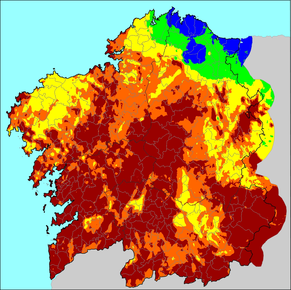 Mapa cos índices de risco diario de incendio forestal