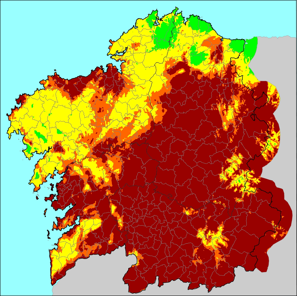 Mapa con los índices de riesgo diario de incendio forestal