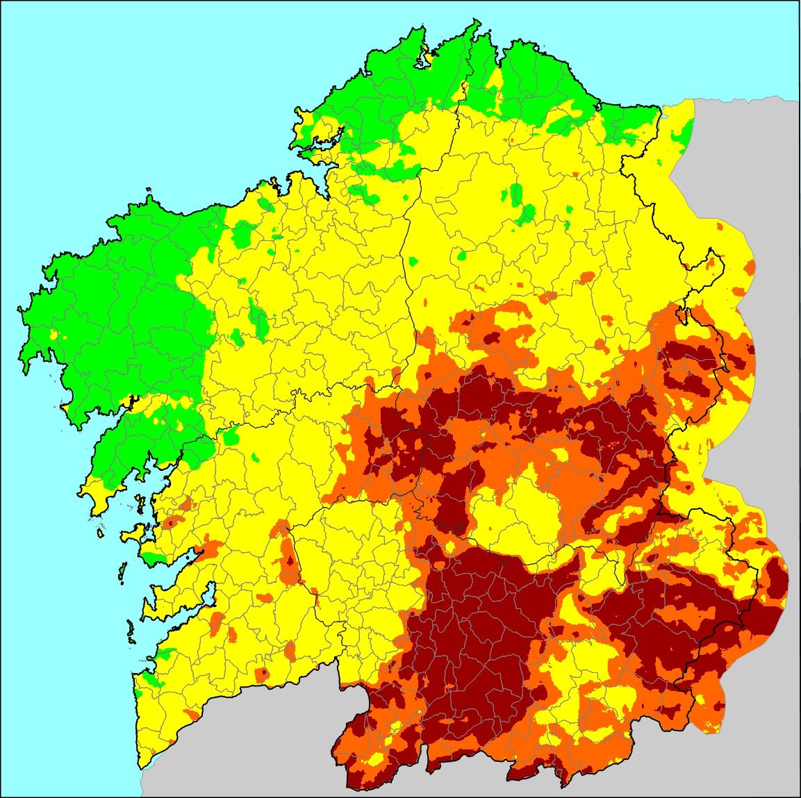 Mapa cos índices de risco diario de incendio forestal